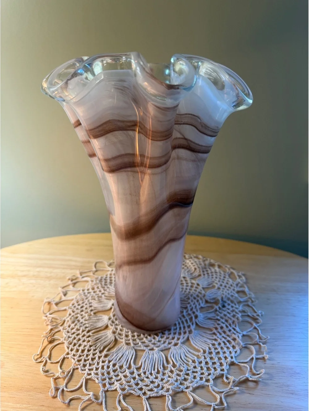 Tammaro Home Italian Art Glass Vase with Ruffled Edge and Brown Swirl Design